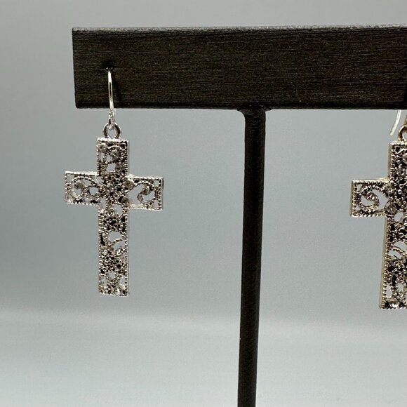 3/$30 Cross Dangle Earrings Silver Tone Rhinestone Sparkle Faith Jewelry 1.5 " - Picture 4 of 10